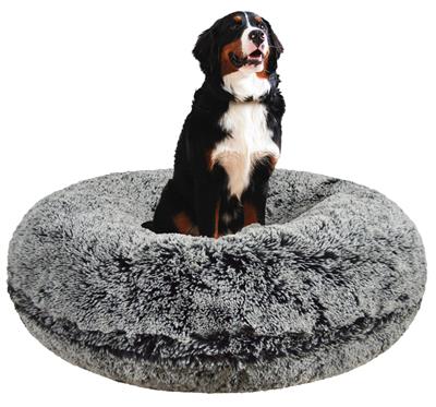 Bernese Mountain Dog sitting in large gray bagel-style dog bed with luxurious fur exterior