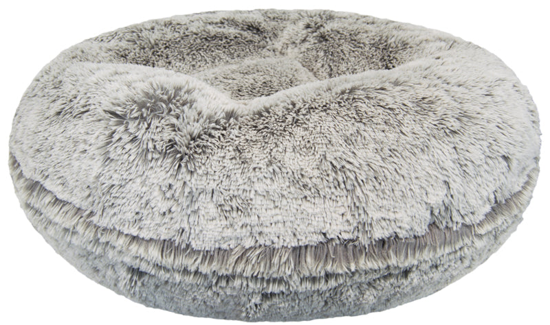 Plush gray round dog bed with soft faux fur exterior shown without a dog
