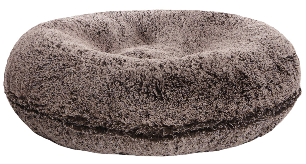 Brown-toned round fluffy dog bed designed for comfort and anxiety relief