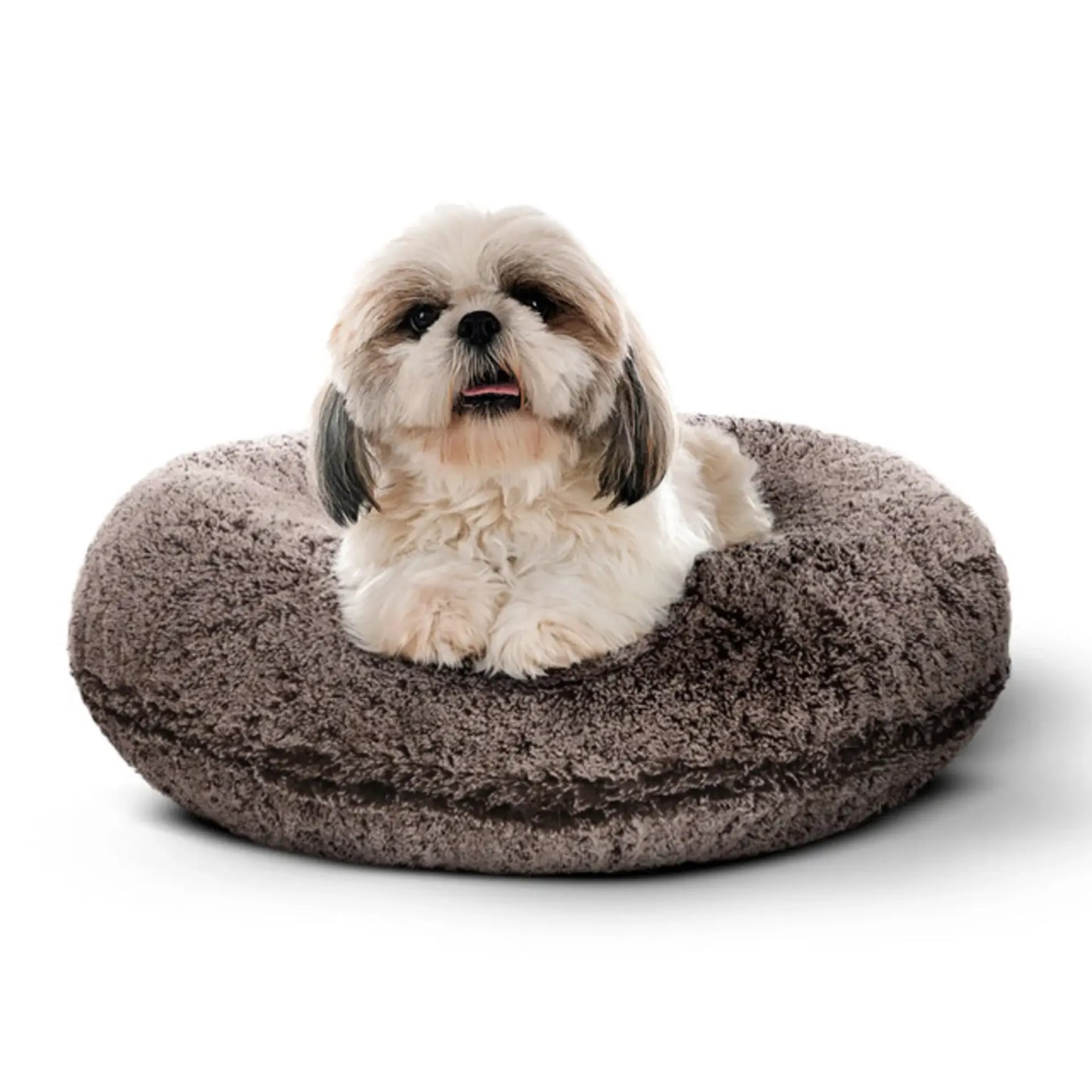 Shih Tzu sitting comfortably on small brown plush dog bed with a soft donut shape
