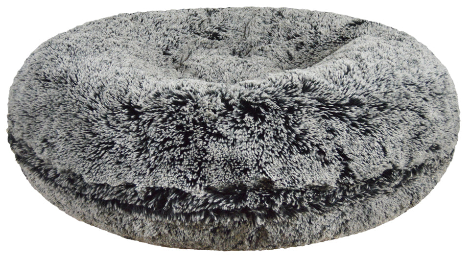 Empty gray round donut-style dog bed made with high-pile faux fur
